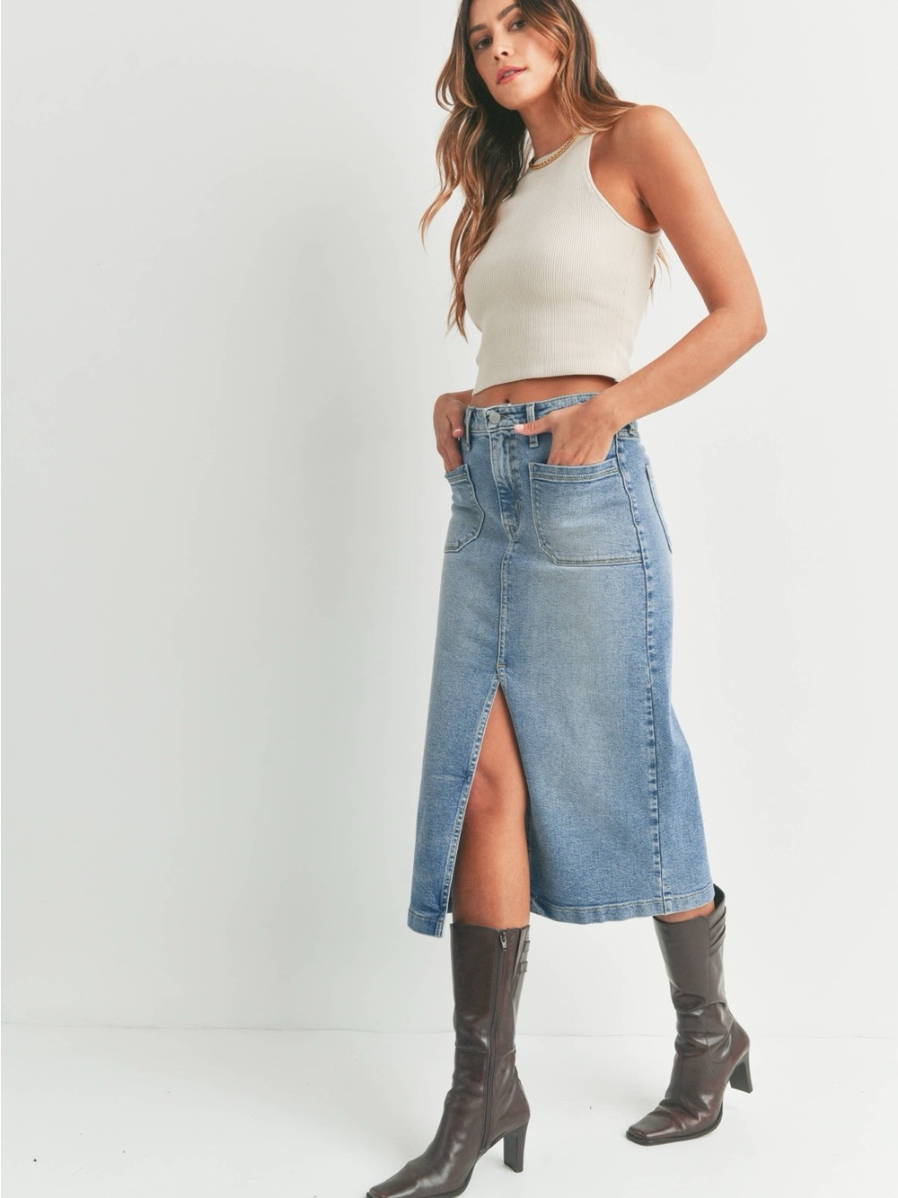 Mid Wash Denim Midi Skirt with Front Slit - Blue